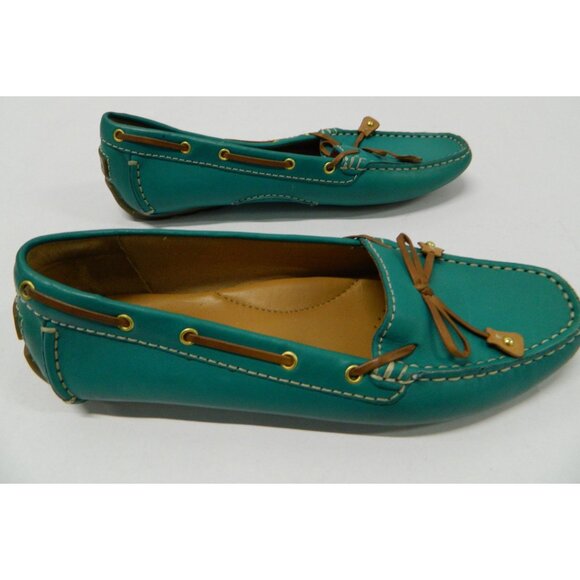 Clarks Turquoise Leather Loafers 7M Slip-On Driving Moccasins Tan Bow Rubber Sol - Picture 7 of 9